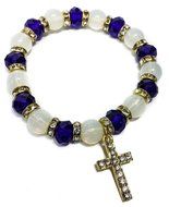 Gold Glass Beads Stretchable Bracelet Purple Crystals &amp; Zircons Cross Jerusalem