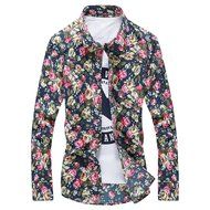KAKA(TM) Men Spring Autumn Long Sleeve Print Flower Slim Casual Shirt L N3