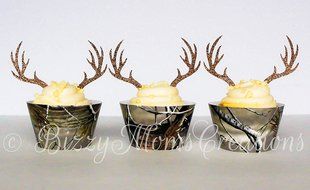 Set of 12 - Brown Glitter Deer Antler Cupcake Toppers &amp; Real Tree Camo Warppers - Birthday Cupcake Toppers &amp; wrappers...