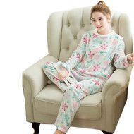 KAKA(TM) Womens Girls' Warm Cute Winter Home Soft Cartoon Flannel Pajamas Sets Yellow XL N4