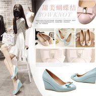 Spritech(TM) Women Girl Summer PU Leather Point Toe Bowknot Design Platform Wedges Shoes 37 Cream-colored N13