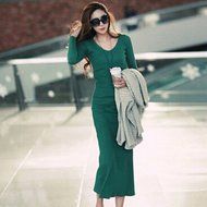 Spritech(TM) Fashion Women's V Neck Long Sleeve Slim Knitted Maxi Dress Green L N4