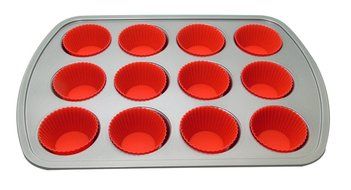 Kitchen Elements Commercial Muffin Tray with Silicone Muffin Cups, 12-Cup, Red