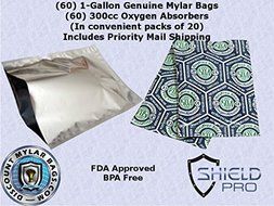 ShieldPro 60+60SG (60) 1 gallon Genuine Mylar Bag + (60) 300cc Oxyfree Oxygen Absorbers (In Packs of 20) for Long...