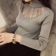 KAKA(TM) Girl Women Spring Autumn Long Sleeve Blouses Lucency Gauze Slim Sweater black N9