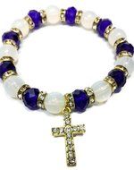 Gold Glass Beads Stretchable Bracelet Purple Crystals &amp; Zircons Cross Jerusalem N2