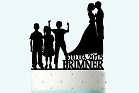 Wedding Cake Topper Silhouette Groom and Bride with Three Kids, Personalized Last Name and Even Date Acrylic Cake...