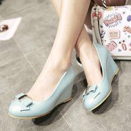Spritech(TM) Women Girl Summer PU Leather Point Toe Bowknot Design Platform Wedges Shoes 37 Cream-colored N23