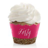Chic 40th Birthday - Pink and Gold - Party Cupcake Wrappers - Set of 12