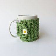 Coffee Mug Cozy Sage with Flower Button