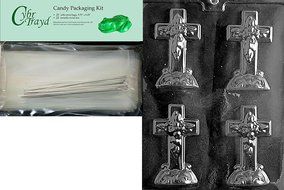 Cybrtrayd Small Cross with Base Chocolate Candy Mold with Chocolate Packaging Bundle, Includes 25 Cello Bags,...