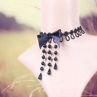 Acxico&reg; Elegant Black Pearl Tassels Bowknot Retro Lace Necklace Dress Accessories N2