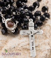 Catholic Black 10mm Crystal Beads Rosary Holy Soil Medal &amp; Silver Crucifix N2
