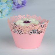 50pcs Filigree Vine Lace Cut Cupcake Wrapper Liner Baking Cup Case Trays Wedding Birthday - Pink, Rose