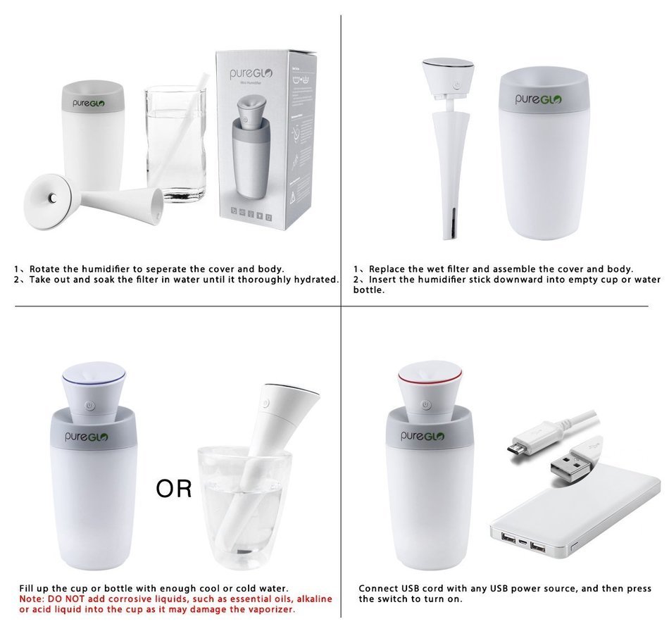 pureGLO 250ML Ultrasonic Cool Mist Humidifier &ndash; Mini USB Travel Air Humidifier Purifier &ndash; Portable Small Quiet... N4