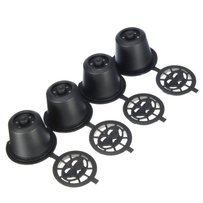 KINGSO 4pcs Reusable Coffee Capsules Cups Espresso Pods Filters For Nespresso Machines with 1pc Plastic Spoon