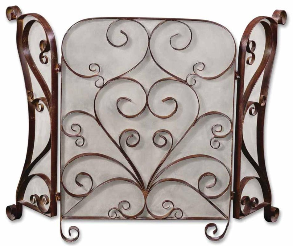 50" Mocha Brown Forged Metal Hinged Fireplace Screen with Intricate Scrollwork N2