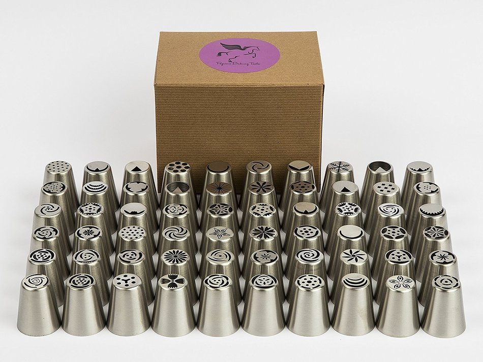 112 Piece Russian Piping Tips Complete Set | 60 Stainless Steel Frosting Tips | 50 Large Disposable Piping Bags...