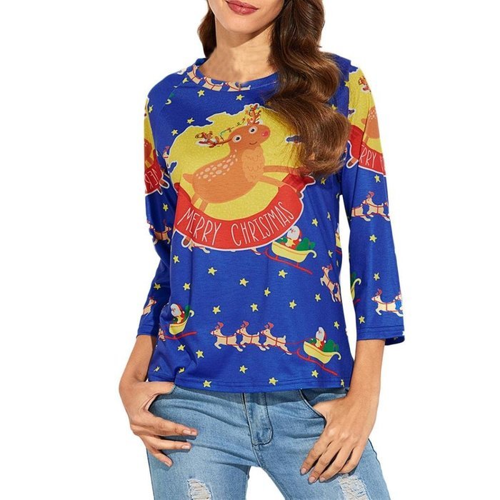 Women's Blouse,Laimeng Polyester fiber Christmas Elk Printed Shirt Casual Blouse Loose Tops T Shirt (L, White)