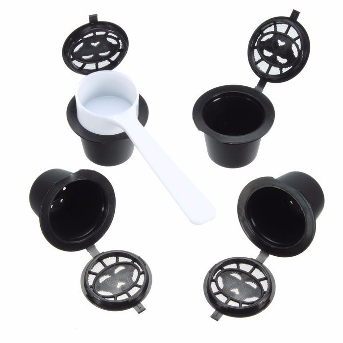 KINGSO 4pcs Reusable Coffee Capsules Cups Espresso Pods Filters For Nespresso Machines with 1pc Plastic Spoon N3
