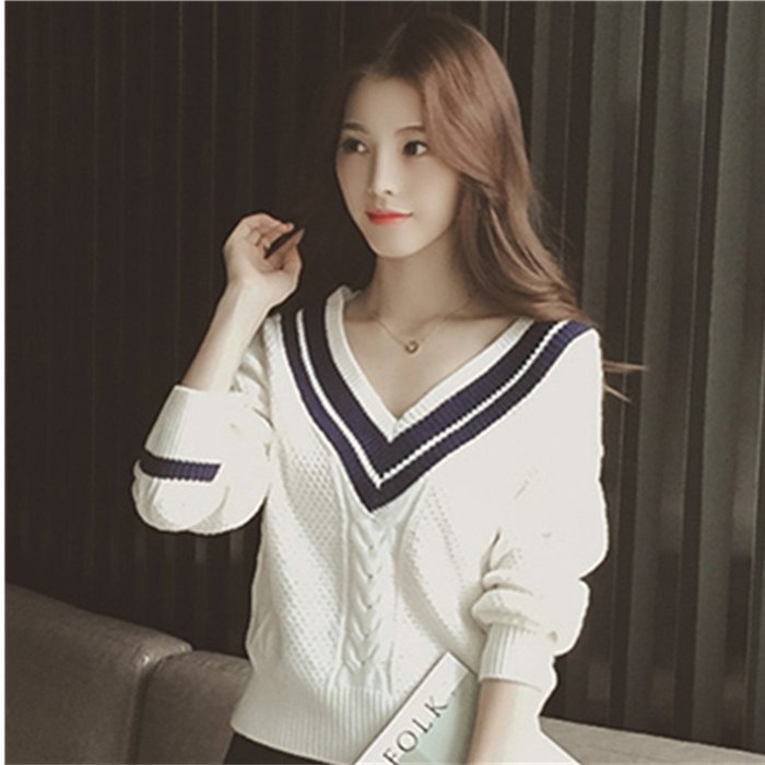 Spritech(TM) Fashion Korea Women's V-Neck Long Sleeve Knite Loose Fit Pullover Sweater White N7