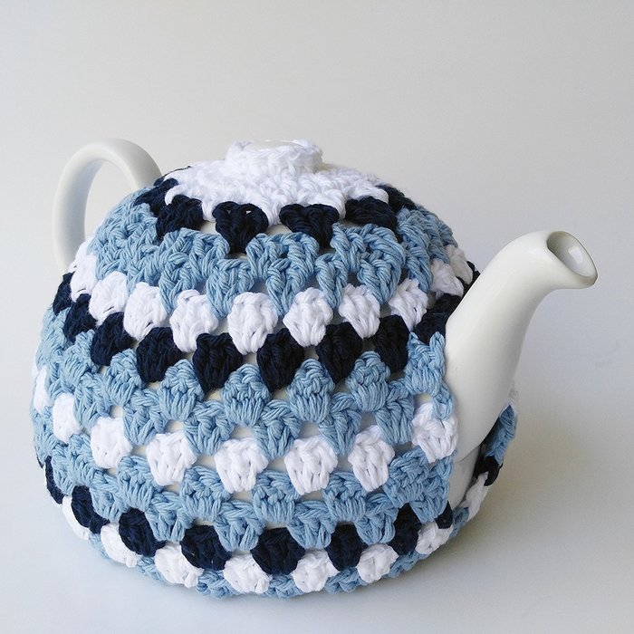 Crochet Tea Pot Cozy Light Blue Navy White Cotton