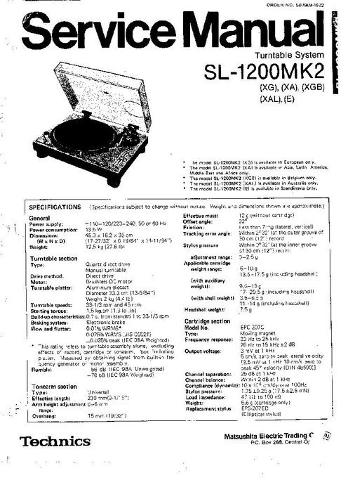 Technics Service Manual for SL1200MK2