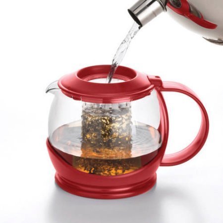 BonJour Tea "Prosperity" Borosilicate Glass Teapot with Plastic Frame, 42-Ounce //Color:Rosehip Red