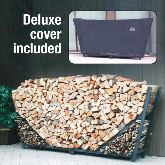 ShelterIt Slanted Firewood Log Rack with Kindling Wood Holder and Waterproof Cover, 8', Black