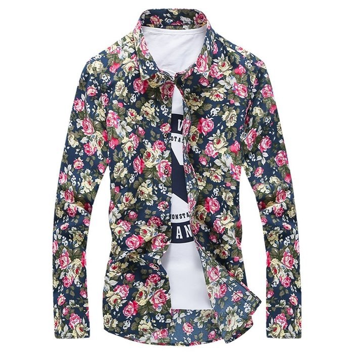 KAKA(TM) Men Spring Autumn Long Sleeve Print Flower Slim Casual Shirt L N3