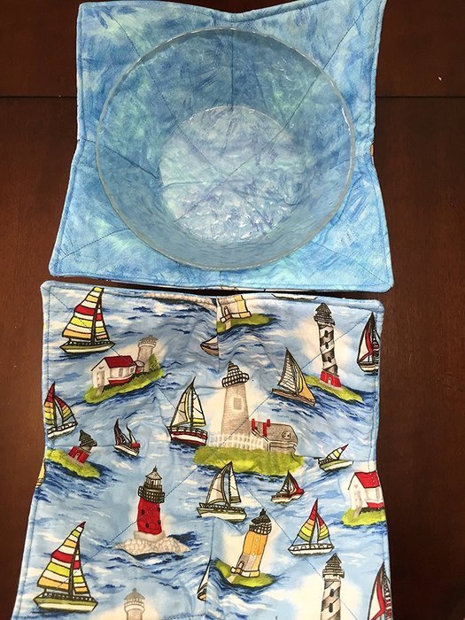 Large Serving Bowl, Lighthouses and sailboats - handmade, Hot Cold Bowl Cozy,Microwave Bowl Cozie,Fabric Trivet...