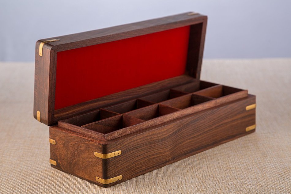 Rusticity Wood Tea Bag / Spice Storage Box with Lid and 9 pockets | Handmade | (9x6 in) N2
