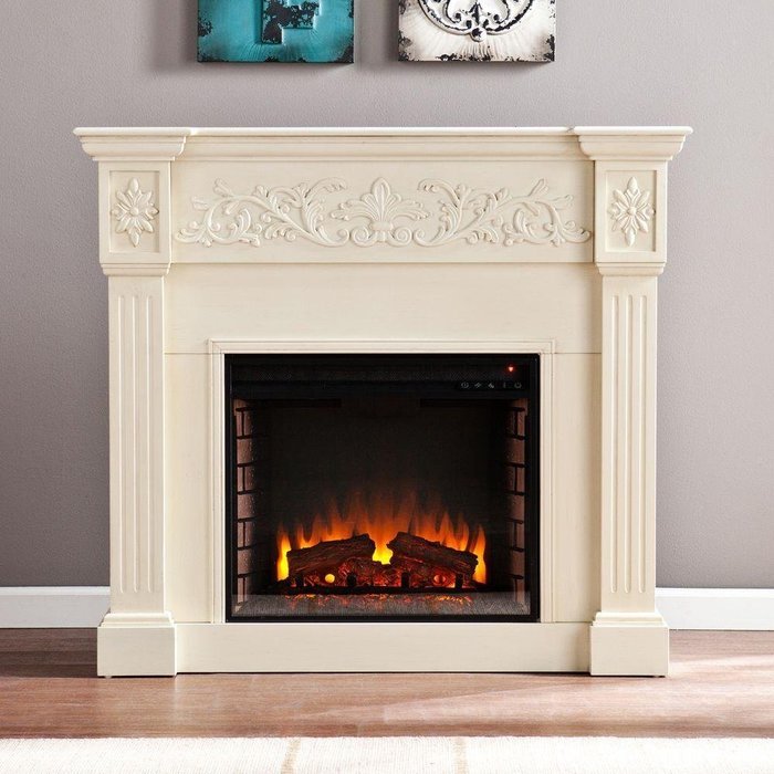 Michael 44 in. Freestanding Carved Indoor Portable Ivory White Electric Fireplace N5