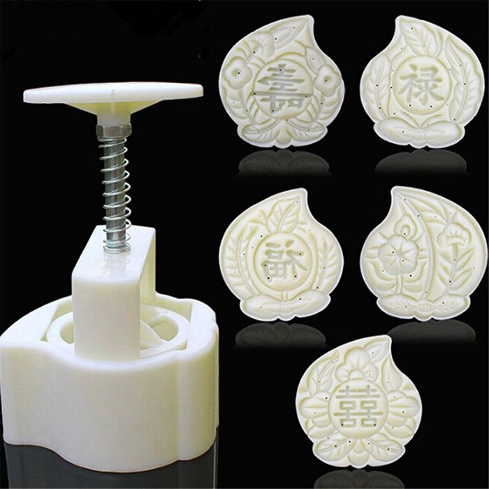 Jeteven Birthday Peach-shaped Moon Cake Mold Hand Pressure Mould with 5pcs Stamps Baking DIY Tool