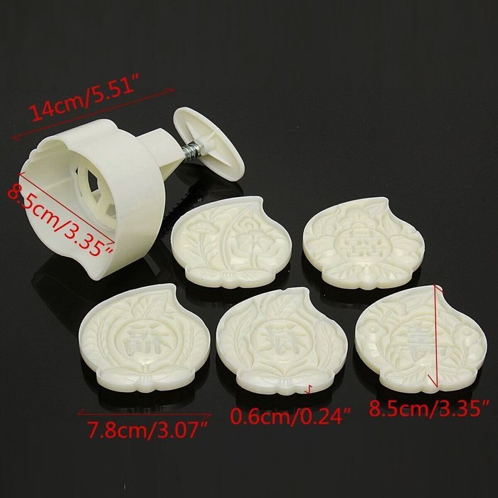 Jeteven Birthday Peach-shaped Moon Cake Mold Hand Pressure Mould with 5pcs Stamps Baking DIY Tool N2