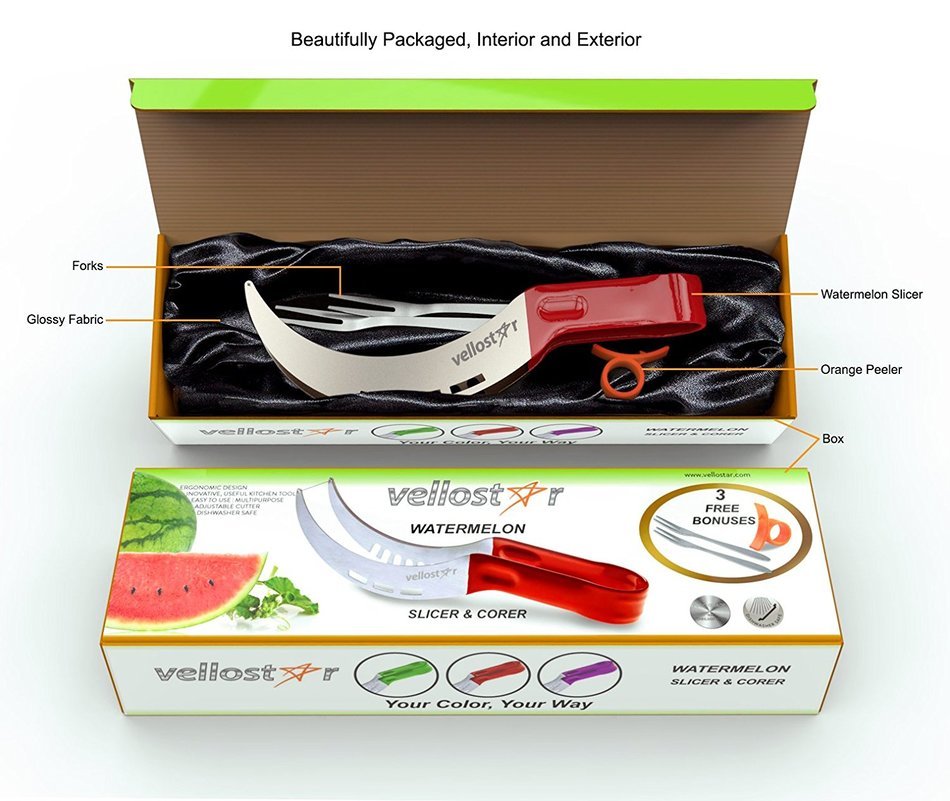 WATERMELON SLICER CORER CUTTER TONGS and SERVER SET With SS304 Serving Fork & Orange Peeler, Kitchen-Grade 304...