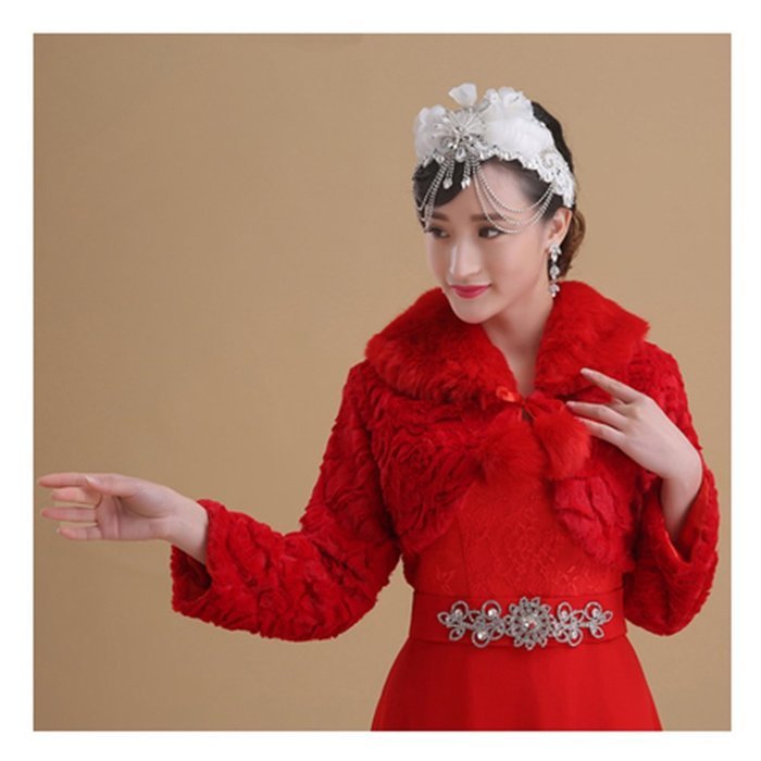 KAKA(TM) Gorgeous Winter Bridal Wedding Dress Wrap Artificial Plush Shawl-Red N32