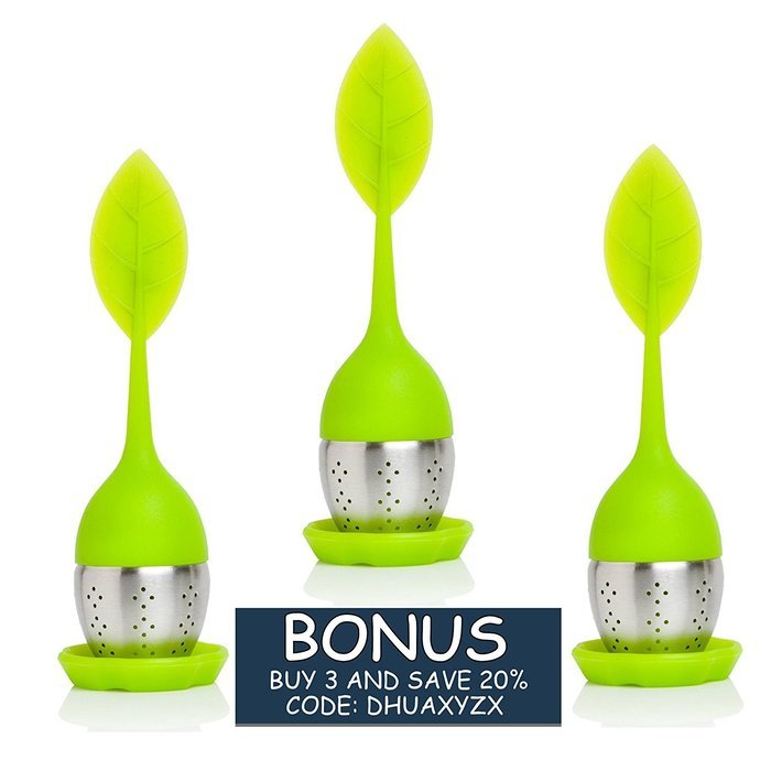 TEA DUNKERS Silicone Leaf Handle and Drip Tray Loose Leaf Long Handled Tea Infuser Strainers GREEN