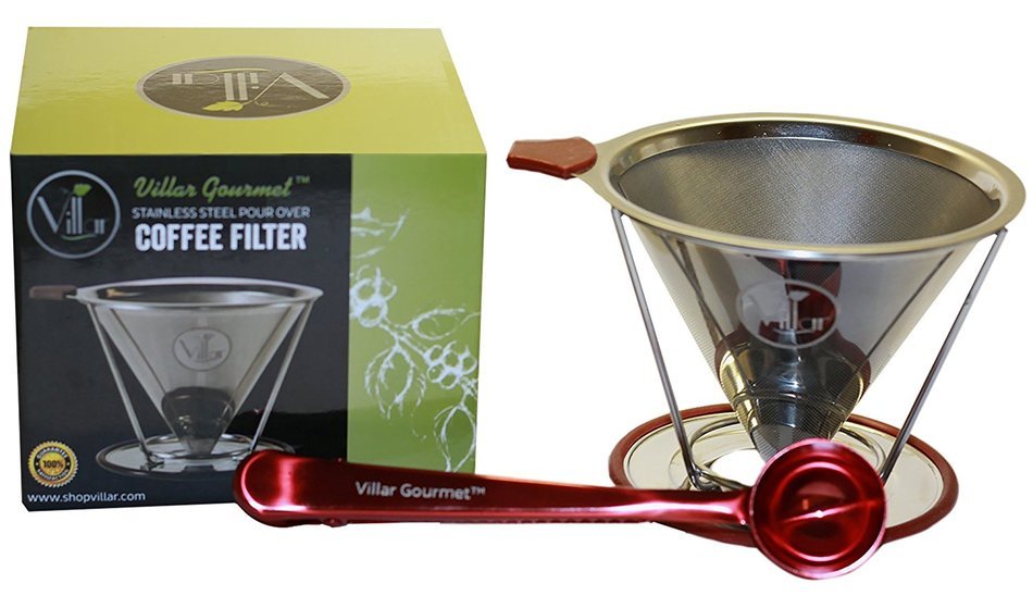 Villar Gourmet Stainless Steel Pour Over Coffee Filter Dripper & Bonus Coffee Scoop w/ Built-In Bag Clip &ndash; FDA...
