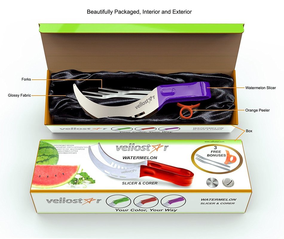 WATERMELON SLICER CORER CUTTER TONGS and SERVER SET With SS304 Serving Fork & Orange Peeler, Kitchen-Grade 304... N2