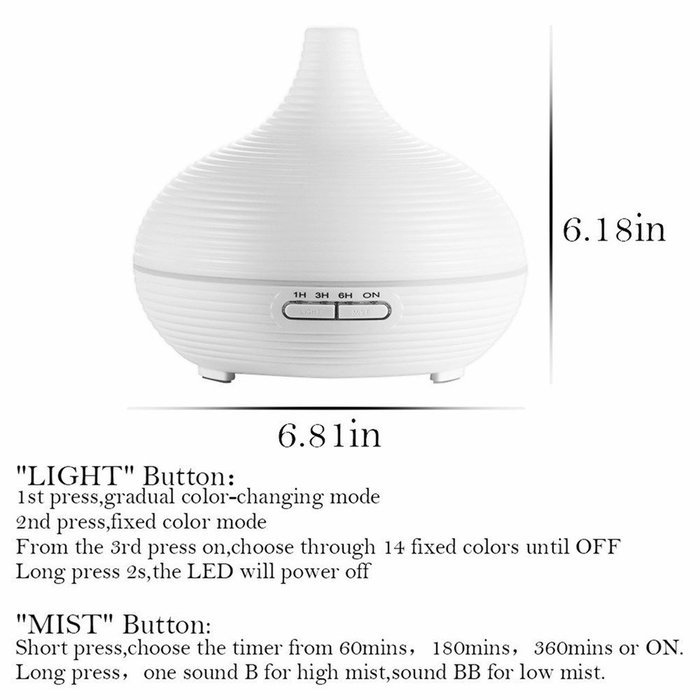 Sshmet 300ML Ultrasonic Humidifier Essential Oil Diffuser Perfect for Household and Office Waterless Auto Off N3