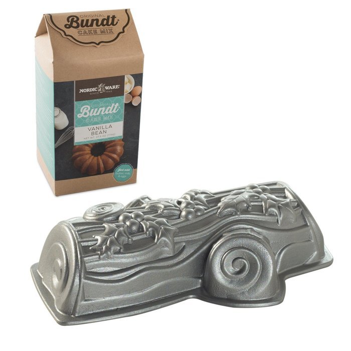 Nordic Ware Yule Log Cast Aluminum Cake Pan with Vanilla Bean Cake Mix
