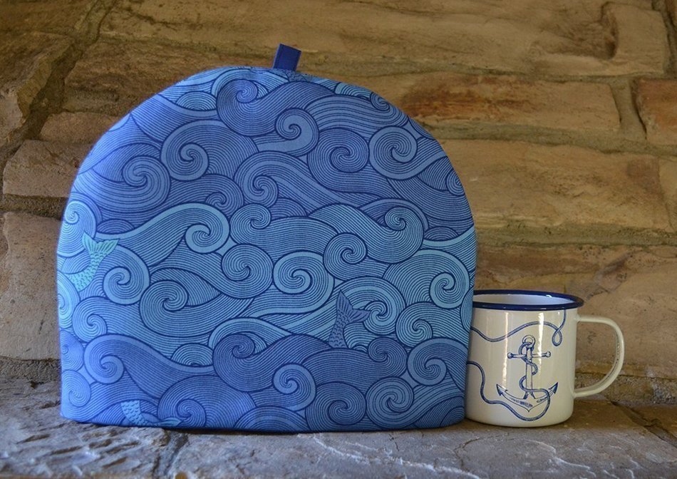Sea Shanty Mermaid's Tail Mythical Nautical Tea Cozy - Blue and Turquoise Waves - 4 Sizes