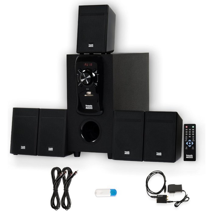 Acoustic Audio AA5150 Home 5.1 Speaker System with USB Bluetooth Optical Input FM and 2 Ext. Cables
