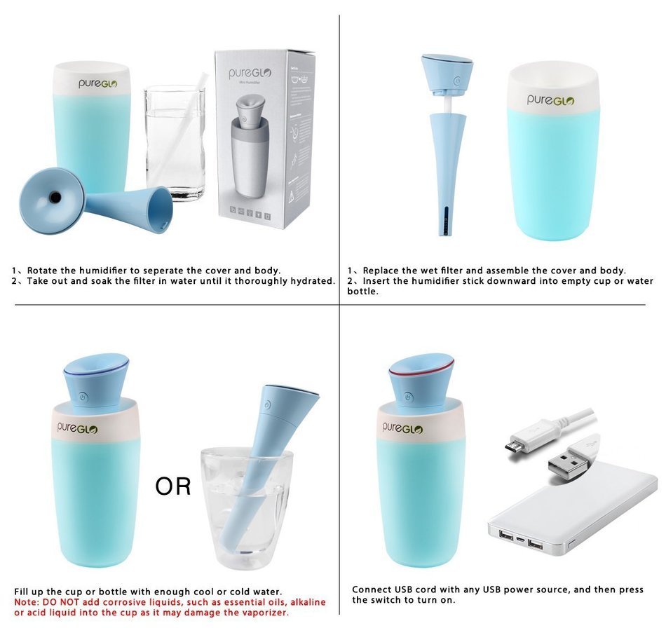 pureGLO 250ML Ultrasonic Cool Mist Humidifier &ndash; Mini USB Travel Air Humidifier Purifier &ndash; Portable Small Quiet... N6