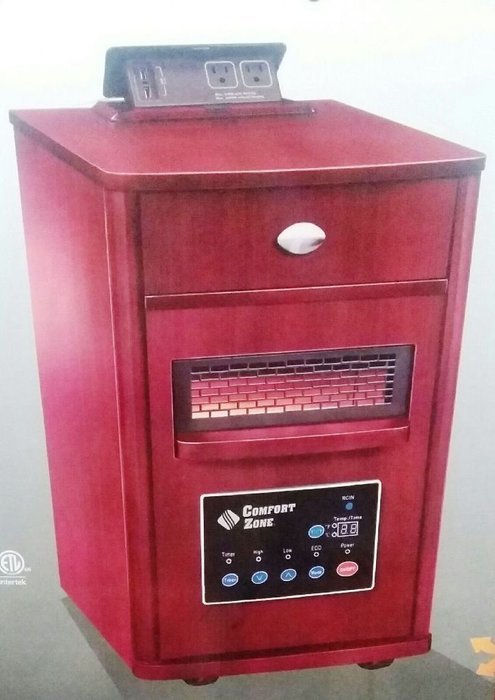 Comfort Zone 750/1500-Watt Infrared Wood Cabinet Electric Portable Heater with Drawer and Power Station - Cherry