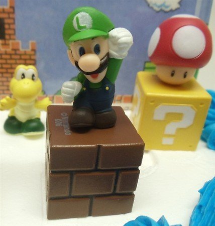 Super Mario Brothers Game Scene Birthay Cake Topper Featuring 2" Figures of Mario, Luigi, Mushroom, Goomba, Koopa...