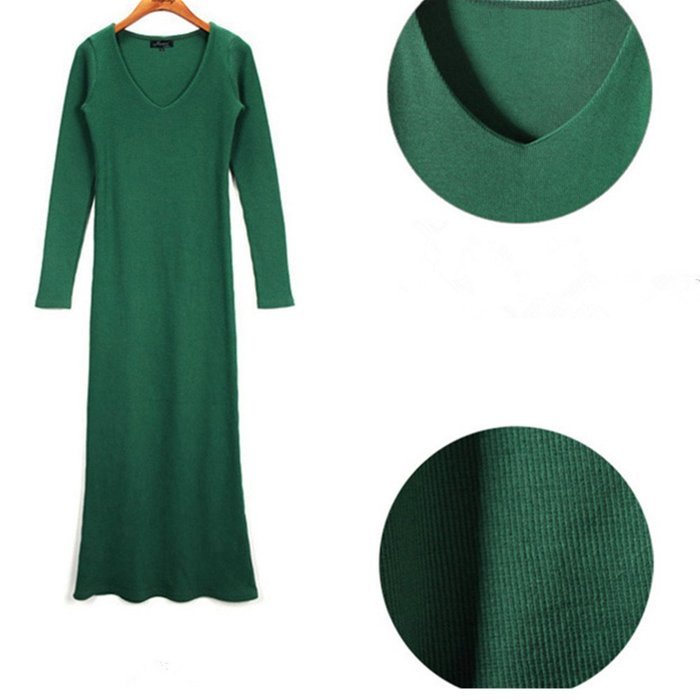 Spritech(TM) Fashion Women's V Neck Long Sleeve Slim Knitted Maxi Dress Green L N5