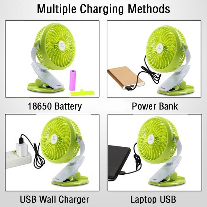 REMAX USB Fan Battery Rechargeable 2200mAh 18650 Mini Electric Fan 4.5h 4 Blades Clip on Desk Silent Blower N6