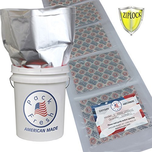 5 Gallon HD Ziplock Mylar bags with 2000cc Oxygen Absorbers Individually Sealed (6) with PackFreshUSA LTFS Guide N2